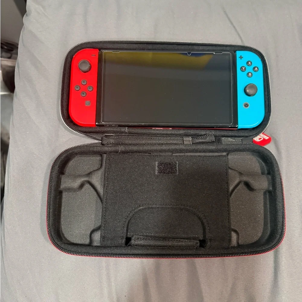 Nintendo Switch with Red and Blue Joy-Con and Case